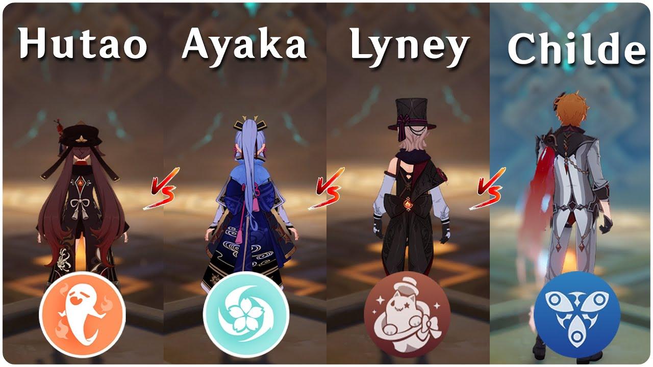 Hu tao vs Ayaka vs Lyney vs Childe !! who is the best DPS ?? Gameplay Comparison !! thumbnail