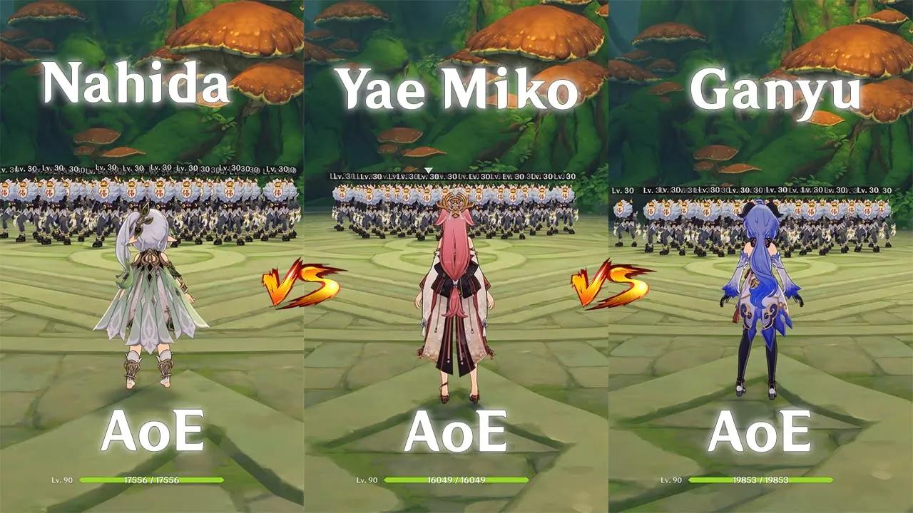 Nahida vs Yae Miko vs Ganyu ! Who has the Best AoE? AoE comparison | Genshin Impact | thumbnail