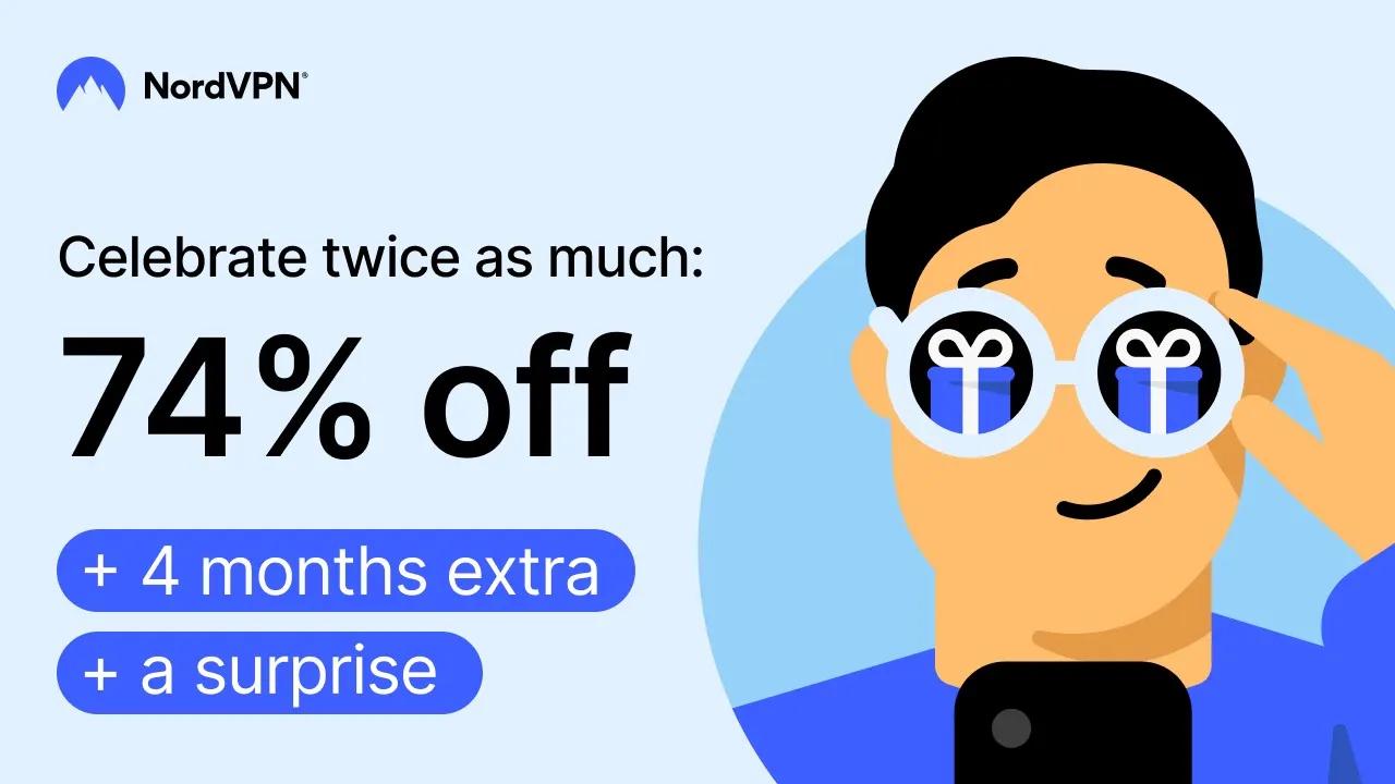 The NordVPN birthday deal is here! Get up to 74% off all 2-year plans, 4 extra months + a surprise🎁 thumbnail